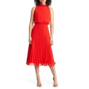 NEW Sam Edelman Women's Size 2 Red Smocked Plissé Midi Dress‎ NWOT